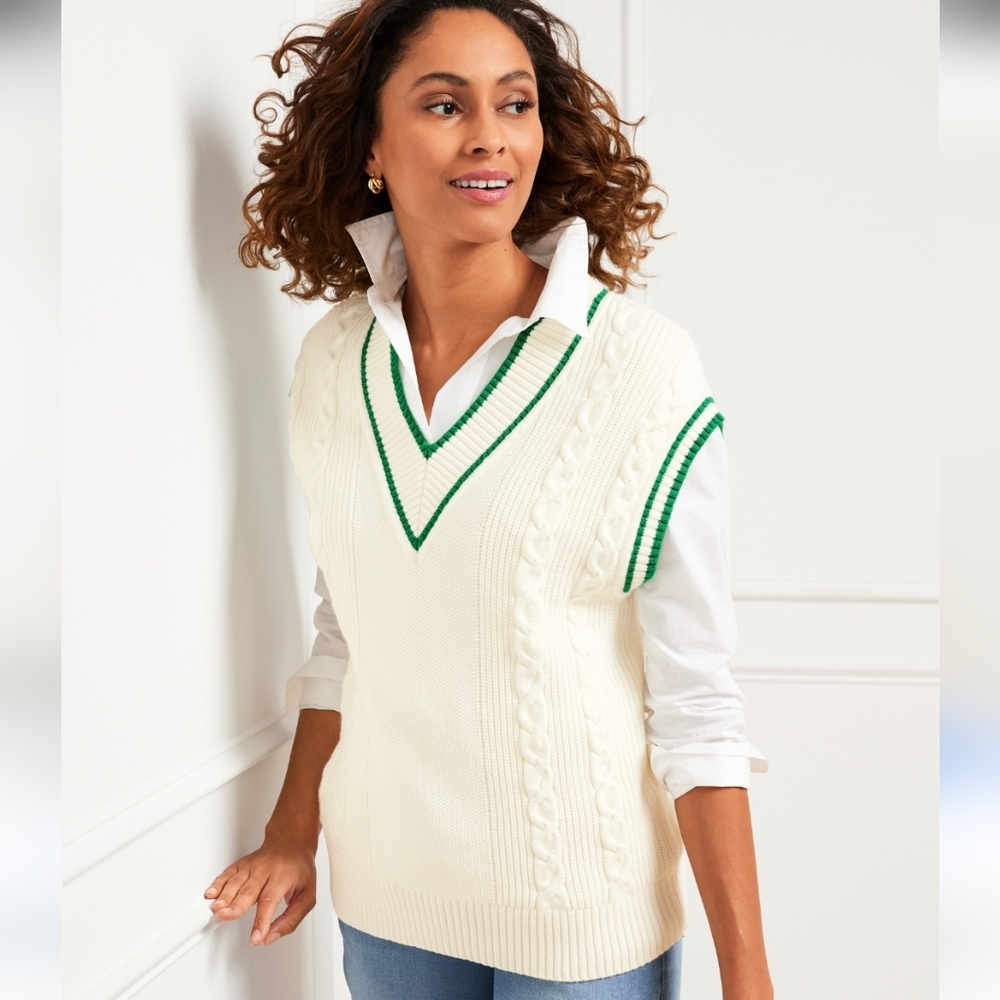 Talbots Women's Medium White Green Drop Shoulder Cable Knit Cotton Sweater Vest